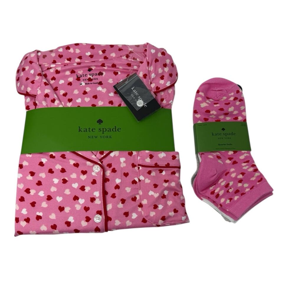 Kate Spade NY Pink Heart Pajama Set M Socks Bundle Coquette Lounge Sleepwear